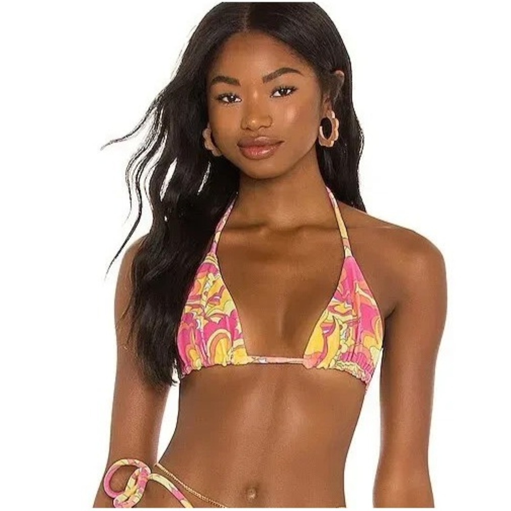 Frankies Bikinis Tia Terry Bikini Top Womens L Psychedelic Retro Floral 70s Swim